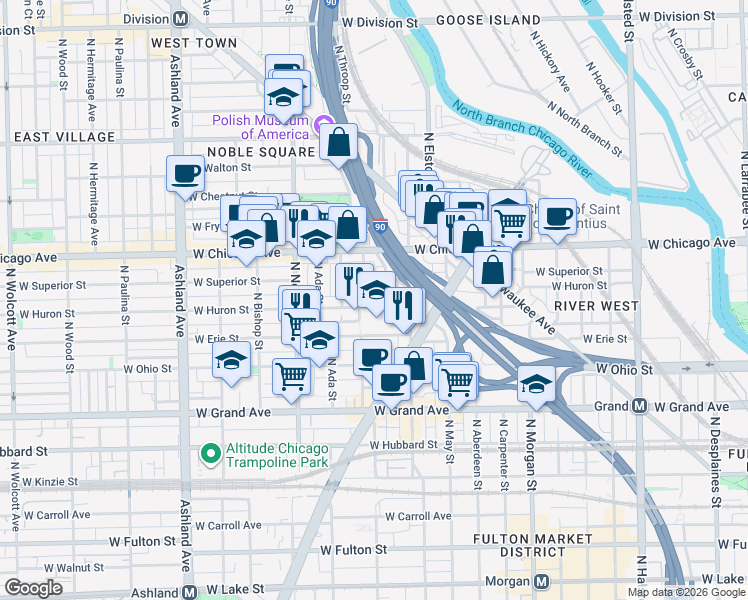 map of restaurants, bars, coffee shops, grocery stores, and more near 718 North Willard Court in Chicago