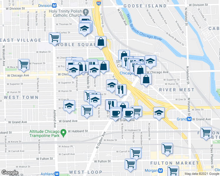 map of restaurants, bars, coffee shops, grocery stores, and more near 718 North Willard Court in Chicago
