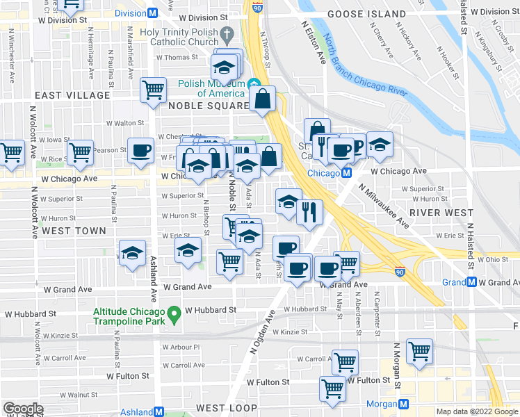 map of restaurants, bars, coffee shops, grocery stores, and more near 721 North Throop Street in Chicago