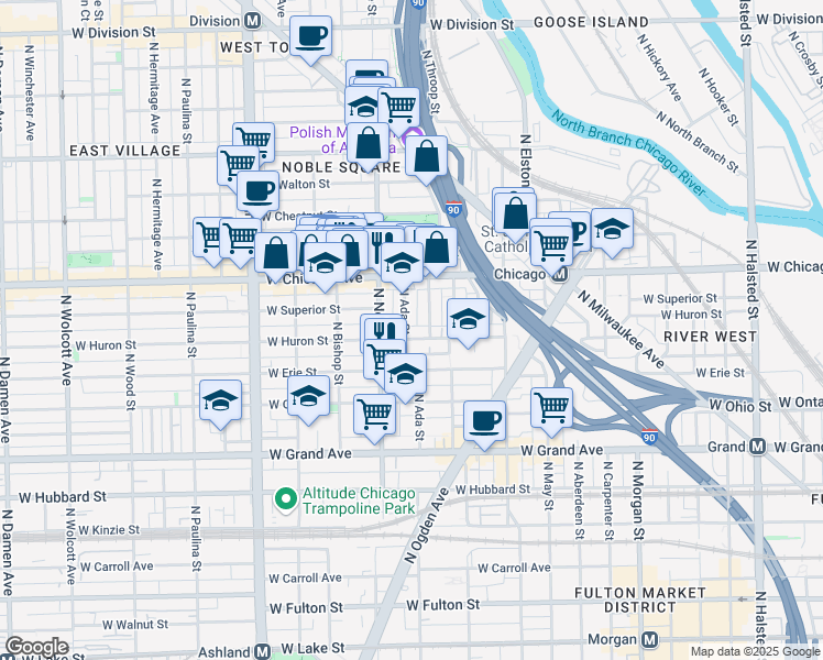 map of restaurants, bars, coffee shops, grocery stores, and more near 720 North Ada Street in Chicago