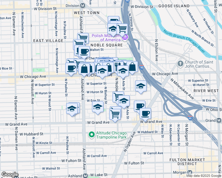 map of restaurants, bars, coffee shops, grocery stores, and more near 1413 West Superior Street in Chicago