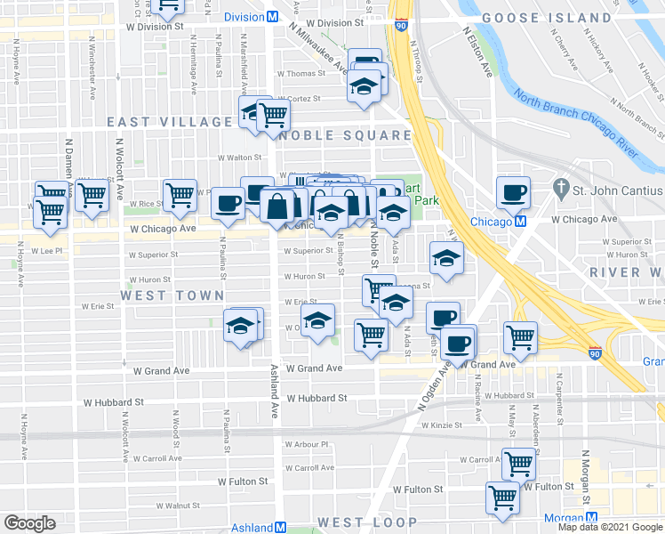 map of restaurants, bars, coffee shops, grocery stores, and more near 1453 West Superior Street in Chicago