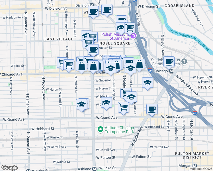 map of restaurants, bars, coffee shops, grocery stores, and more near 1453 West Superior Street in Chicago