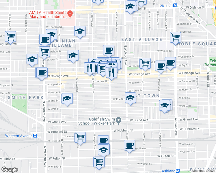 map of restaurants, bars, coffee shops, grocery stores, and more near 2022 West Superior Street in Chicago