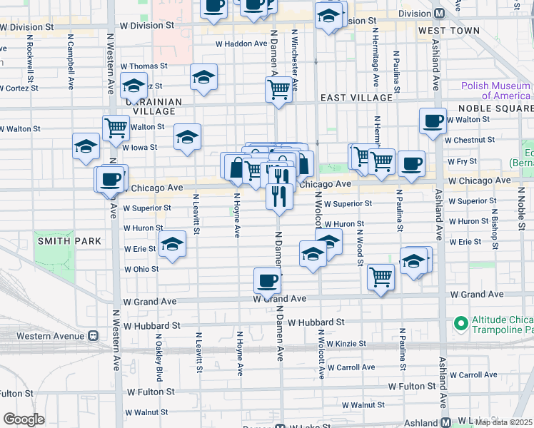 map of restaurants, bars, coffee shops, grocery stores, and more near 2022 West Superior Street in Chicago