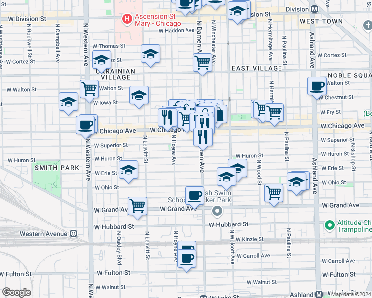 map of restaurants, bars, coffee shops, grocery stores, and more near 2022 West Superior Street in Chicago