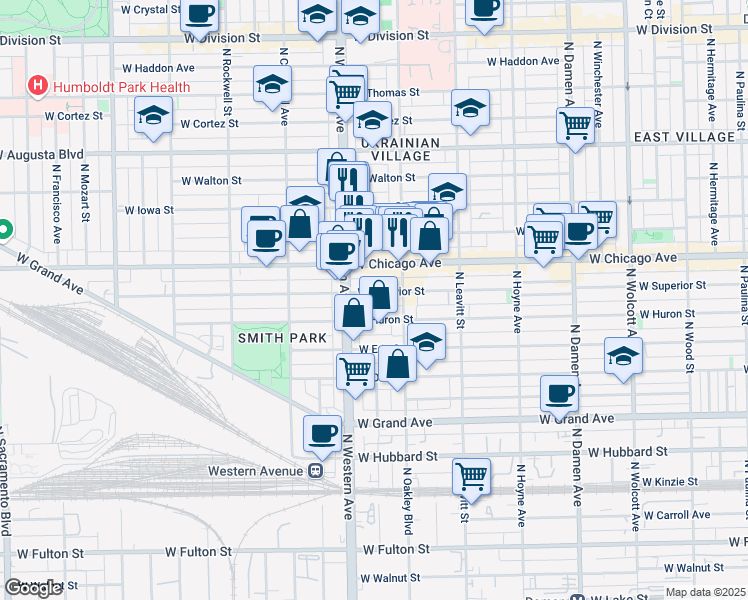 map of restaurants, bars, coffee shops, grocery stores, and more near 2326 West Superior Street in Chicago