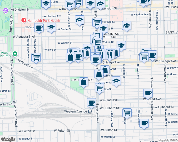 map of restaurants, bars, coffee shops, grocery stores, and more near 2440 West Superior Street in Chicago