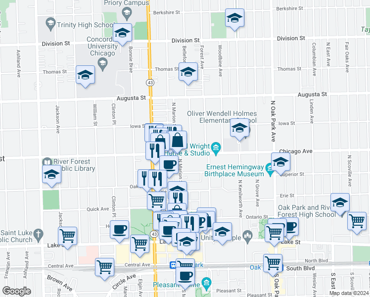 map of restaurants, bars, coffee shops, grocery stores, and more near 1038 Chicago Avenue in Oak Park