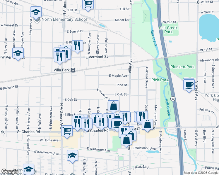 map of restaurants, bars, coffee shops, grocery stores, and more near 236 Pine Street in Villa Park