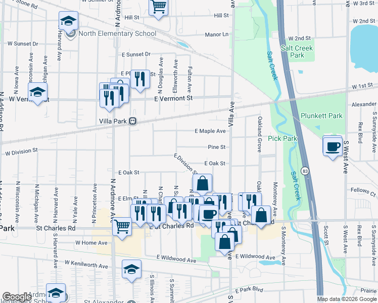 map of restaurants, bars, coffee shops, grocery stores, and more near 236 Pine Street in Villa Park