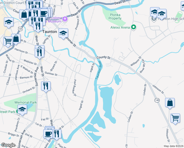 map of restaurants, bars, coffee shops, grocery stores, and more near 10 Ingell Street in Taunton