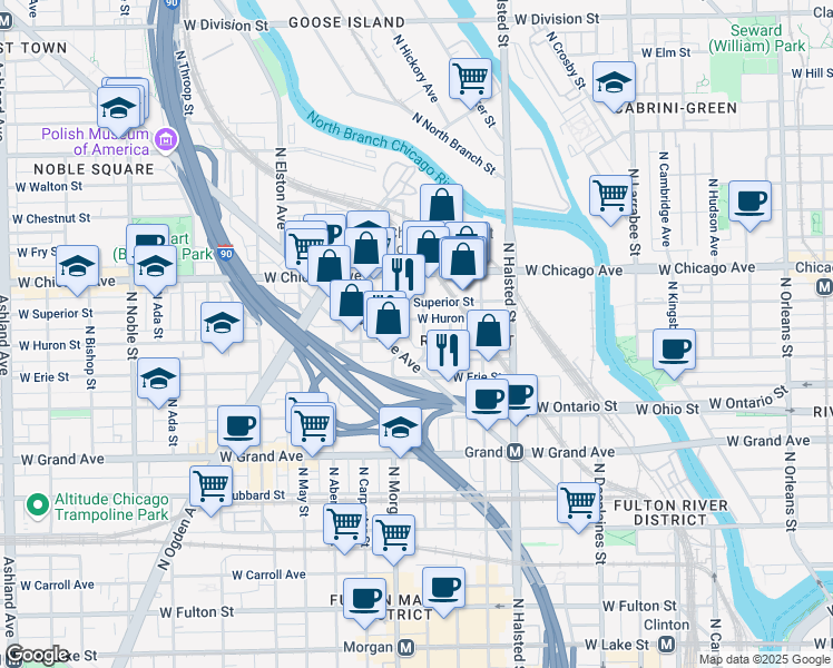 map of restaurants, bars, coffee shops, grocery stores, and more near 925 West Huron Street in Chicago