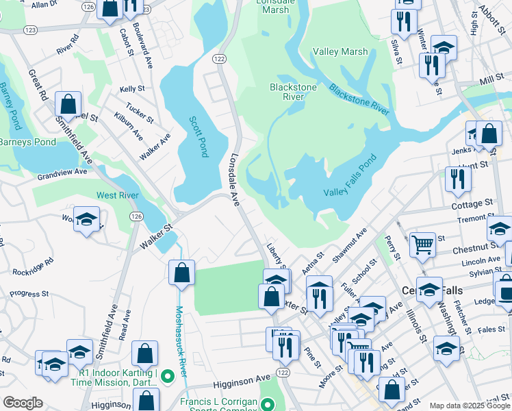 map of restaurants, bars, coffee shops, grocery stores, and more near 24 Richland Avenue in Central Falls