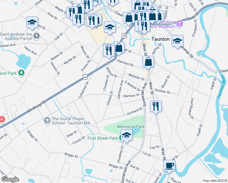 map of restaurants, bars, coffee shops, grocery stores, and more near 17 Clinton Street in Taunton