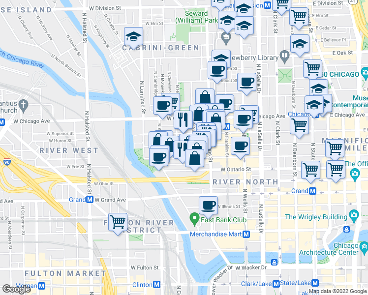 map of restaurants, bars, coffee shops, grocery stores, and more near 405 West Superior Street in Chicago