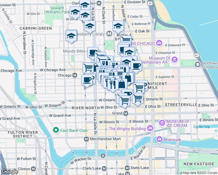 map of restaurants, bars, coffee shops, grocery stores, and more near 71 West Huron Street in Chicago