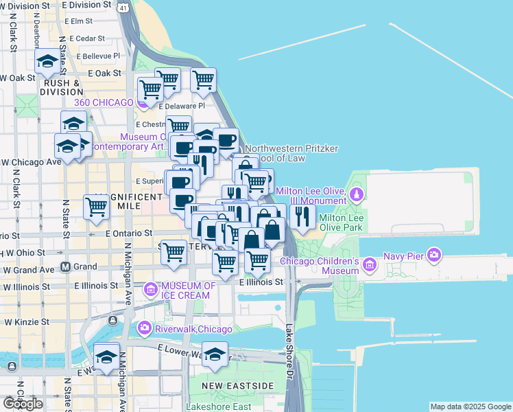 map of restaurants, bars, coffee shops, grocery stores, and more near 680 North Lake Shore Drive in Chicago