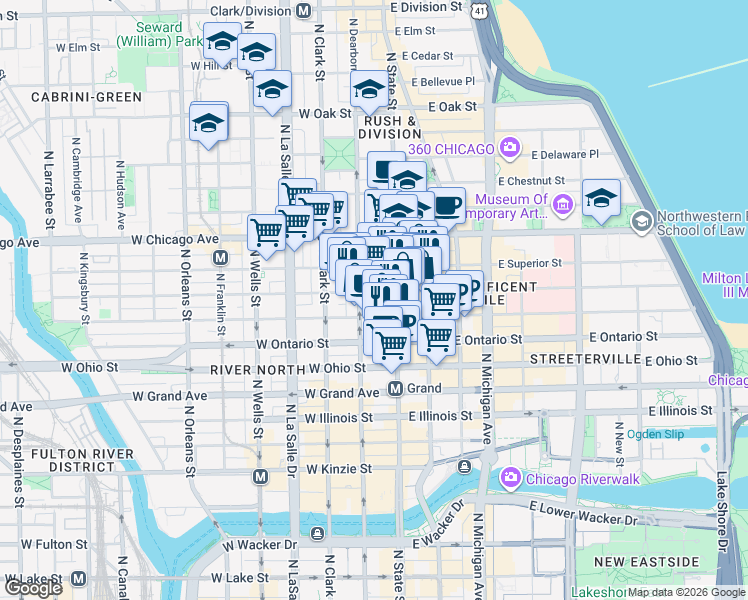 map of restaurants, bars, coffee shops, grocery stores, and more near 700 North State Street in Chicago