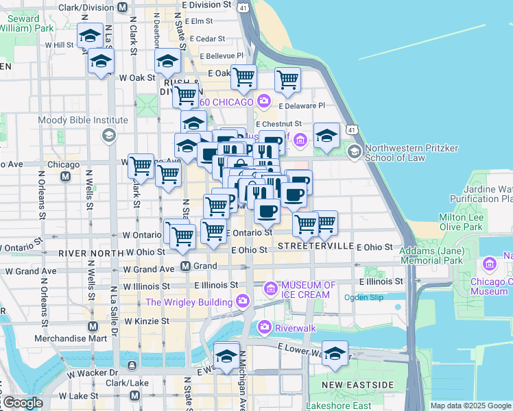 map of restaurants, bars, coffee shops, grocery stores, and more near 669 North Michigan Avenue in Chicago