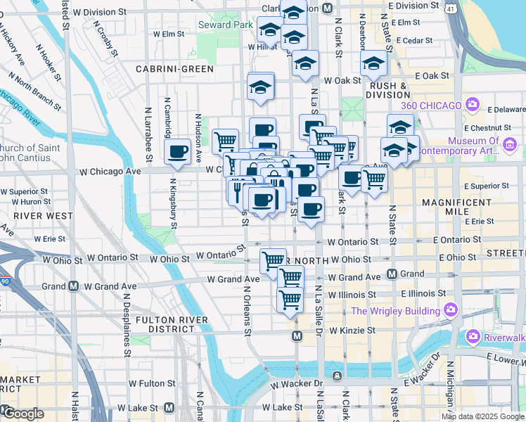 map of restaurants, bars, coffee shops, grocery stores, and more near 314 West Superior Street in Chicago