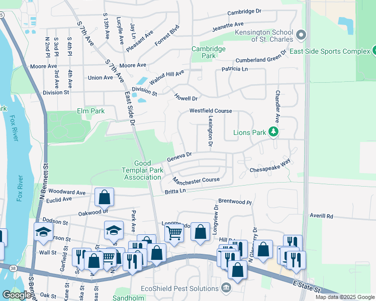 map of restaurants, bars, coffee shops, grocery stores, and more near 539 Westfield Course in Geneva