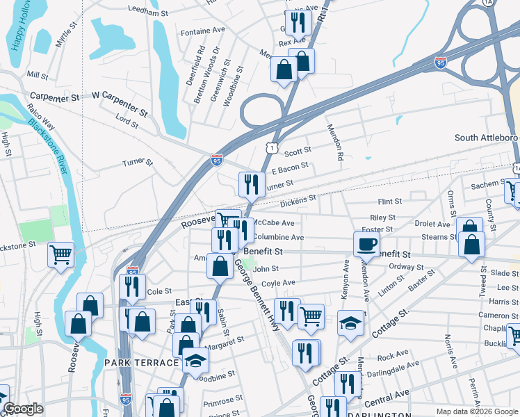 map of restaurants, bars, coffee shops, grocery stores, and more near 12 Dickens Street in Attleboro