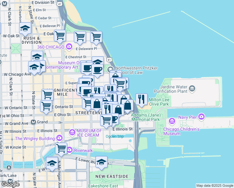 map of restaurants, bars, coffee shops, grocery stores, and more near 409-499 East Huron Street in Chicago