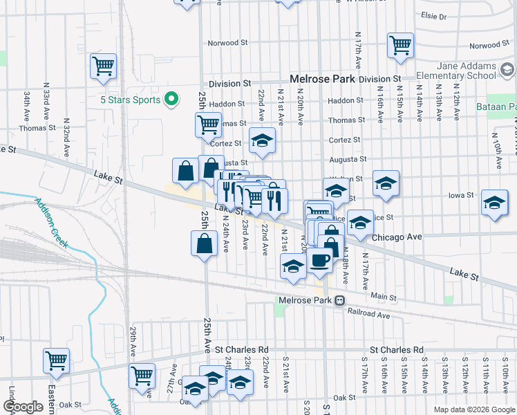 map of restaurants, bars, coffee shops, grocery stores, and more near 2206 Iowa Street in Melrose Park