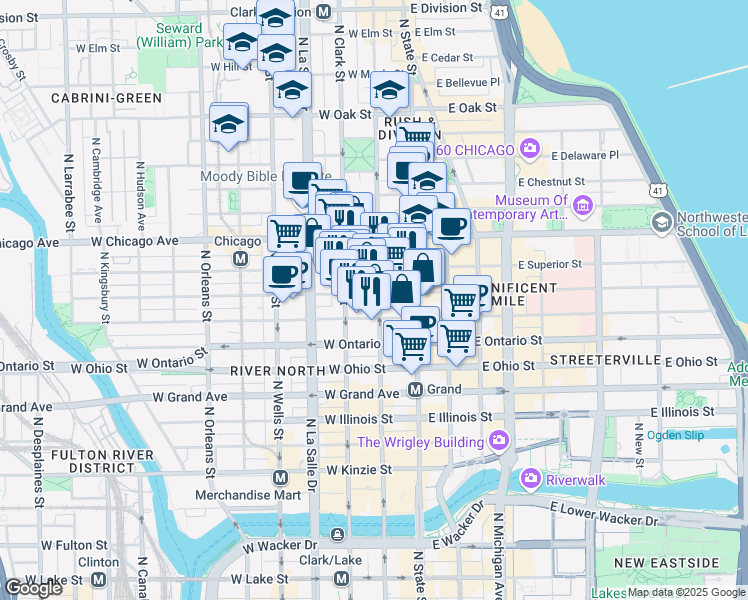 map of restaurants, bars, coffee shops, grocery stores, and more near 678 North Dearborn Street in Chicago