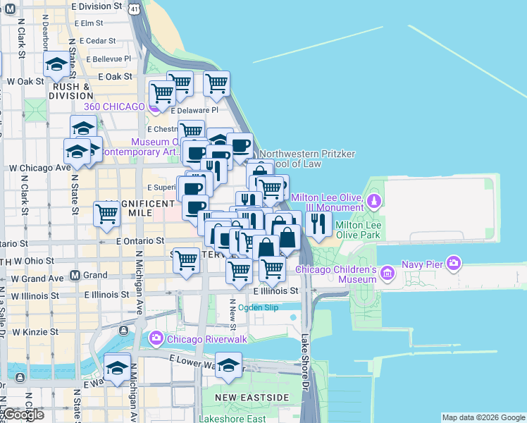 map of restaurants, bars, coffee shops, grocery stores, and more near 680 North Lake Shore Drive in Chicago