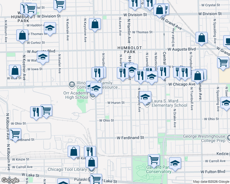 map of restaurants, bars, coffee shops, grocery stores, and more near 3851 West Chicago Avenue in Chicago