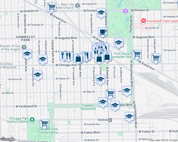 map of restaurants, bars, coffee shops, grocery stores, and more near 731 North Christiana Avenue in Chicago