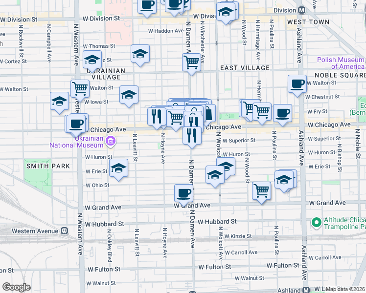 map of restaurants, bars, coffee shops, grocery stores, and more near 2015 West Superior Street in Chicago