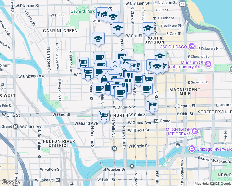 map of restaurants, bars, coffee shops, grocery stores, and more near 169 West Huron Street in Chicago