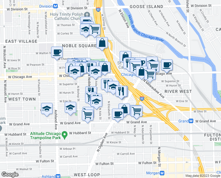 map of restaurants, bars, coffee shops, grocery stores, and more near 721 North Throop Street in Chicago
