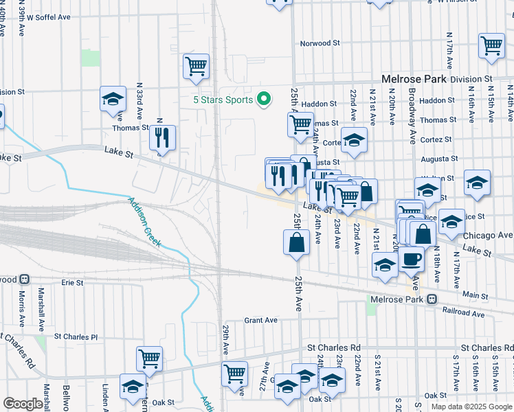 map of restaurants, bars, coffee shops, grocery stores, and more near 2701 West Lake Street in Melrose Park