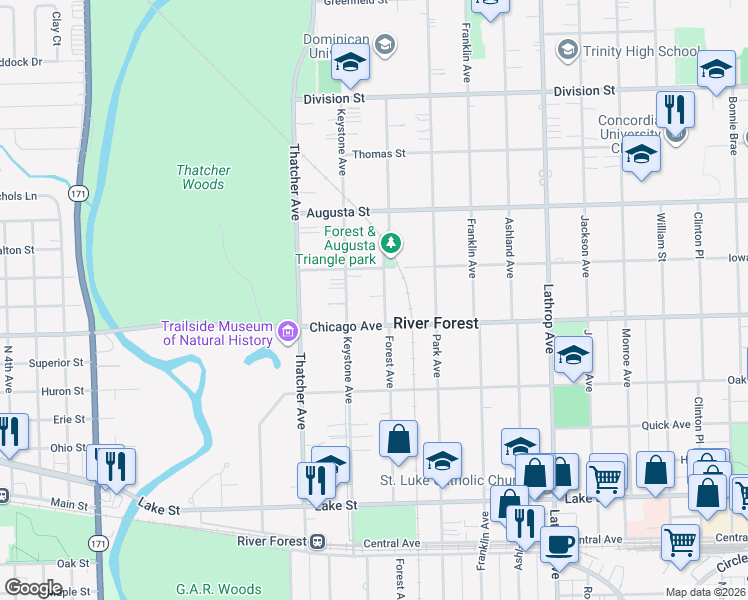map of restaurants, bars, coffee shops, grocery stores, and more near 820 Forest Avenue in River Forest