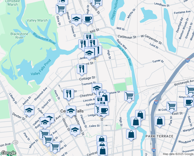 map of restaurants, bars, coffee shops, grocery stores, and more near 8 Cottage Street in Central Falls