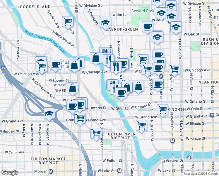 map of restaurants, bars, coffee shops, grocery stores, and more near 700 North Larrabee Street in Chicago