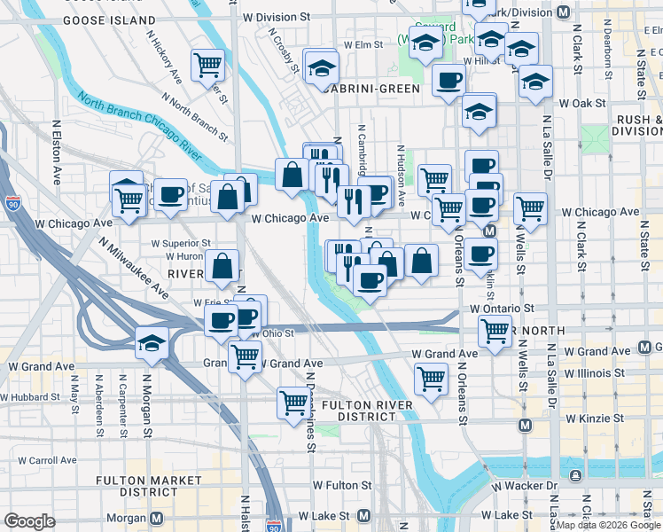 map of restaurants, bars, coffee shops, grocery stores, and more near 720 North Larrabee Street in Chicago