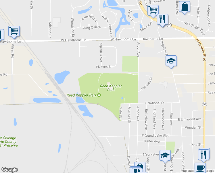 map of restaurants, bars, coffee shops, grocery stores, and more near 129-61 National Street in West Chicago