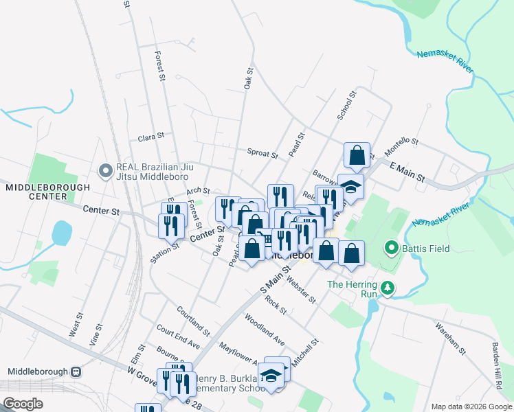 map of restaurants, bars, coffee shops, grocery stores, and more near 136 Peirce Street in Middleborough