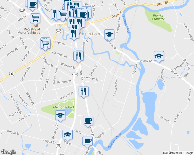 map of restaurants, bars, coffee shops, grocery stores, and more near 11 Cushman Street in Taunton