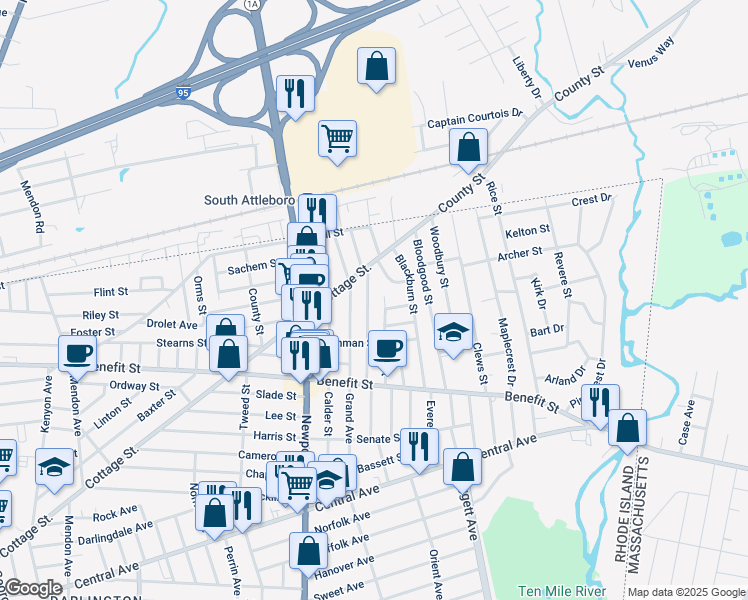 map of restaurants, bars, coffee shops, grocery stores, and more near 14 Elmcrest Drive in Pawtucket