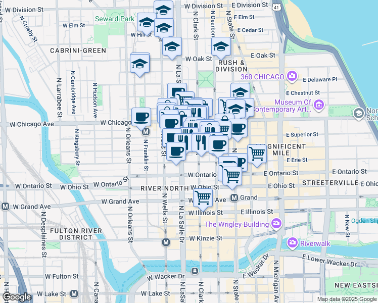 map of restaurants, bars, coffee shops, grocery stores, and more near 665 North Clark Street in Chicago