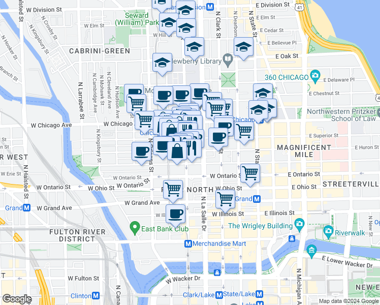 map of restaurants, bars, coffee shops, grocery stores, and more near 702 North Wells Street in Chicago
