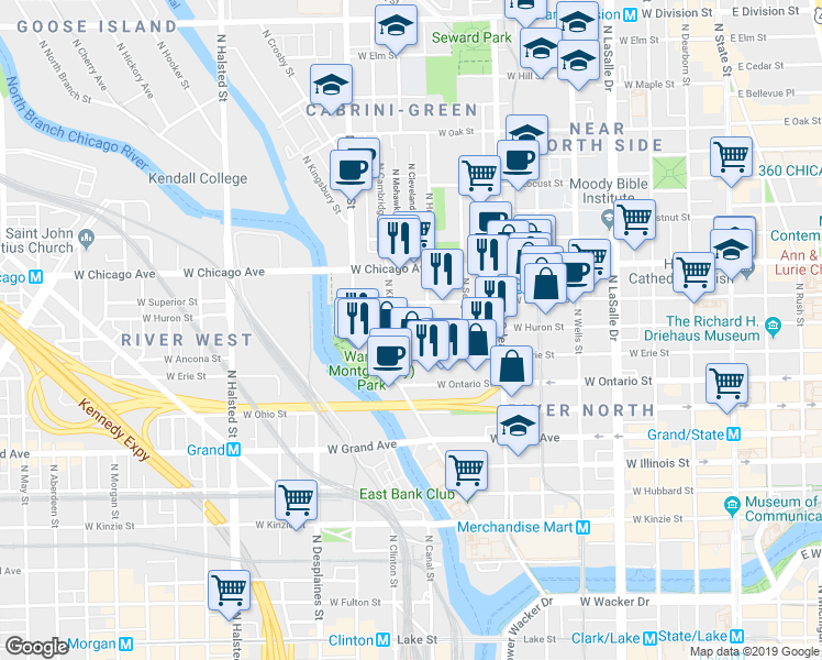 map of restaurants, bars, coffee shops, grocery stores, and more near 448 West Huron Street in Chicago