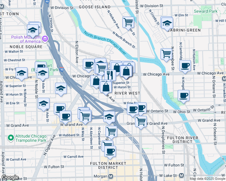 map of restaurants, bars, coffee shops, grocery stores, and more near 925 West Huron Street in Chicago