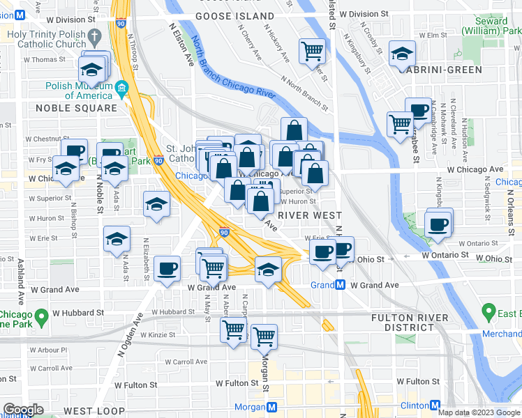 map of restaurants, bars, coffee shops, grocery stores, and more near 957 West Huron Street in Chicago